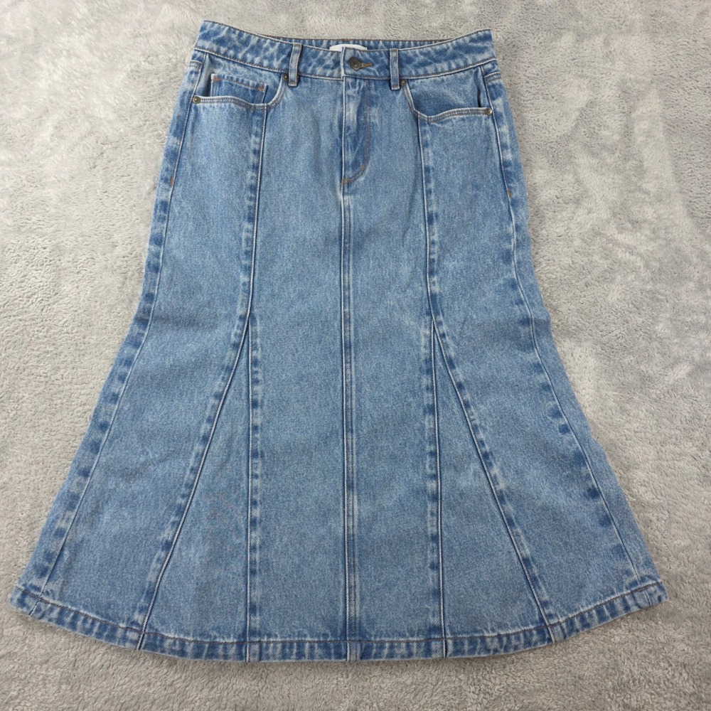 LOFT Paneled Flare Denim Jean Midi Skirt Blue 2 Coastal Cowgirl Boho Chic Retro